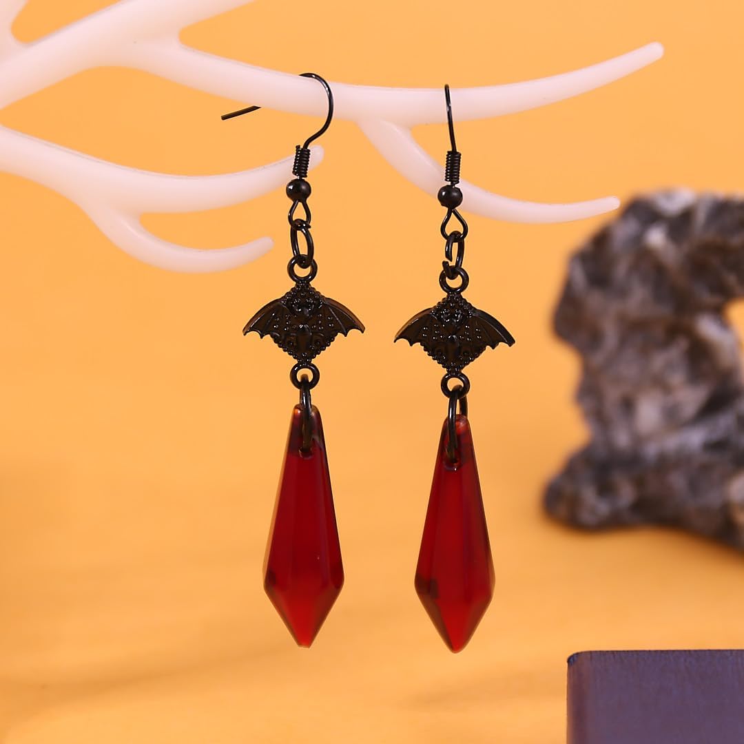 Gothic Dark Bat Earrings Red Black Crystal Bat Dangle Earring for Women Punk Rock Style Bats Earrings Halloween Goth Vampire Jewelry Costume Accessories - Image 5