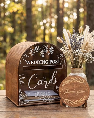 CORALMEE Wooden Wedding Card Box for Reception Large Mailbox Gift Card Boxes with Acrylic Window Rustic Post Box Decor for Wedding Cards and Money Birthday Parties Graduation Baby Shower