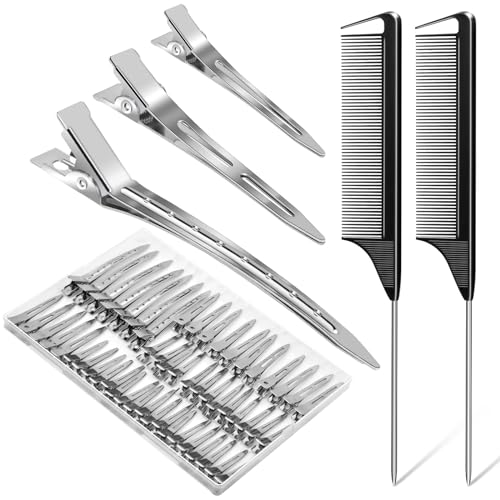 Hair Clips, MORGLES 70pcs/3 Different Sizes Pin Curl Clips, Hair Pins for Curls with 2 Pcs Rat Tail Combs for Styling, Coloring, Salon, Silver