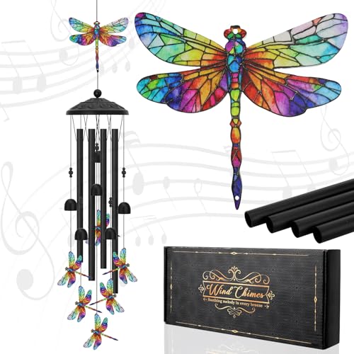 Hoemwarm Colorful Dragonfly Wind Chimes for Outside - Metal Garden Windchimes with Enameled Dragonflies Memorial Sympathy Gifts Patio Yard Decor for Women Men Home