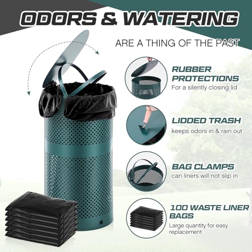 Image of Dansydaisy Dog Waste Station Outdoor Round 10 Gallon Dog Poop Trash Can with Lid and 100 Liner Bags, Rustproof UV Powder Coated - Designed to Mount on Wall Post (Green)
