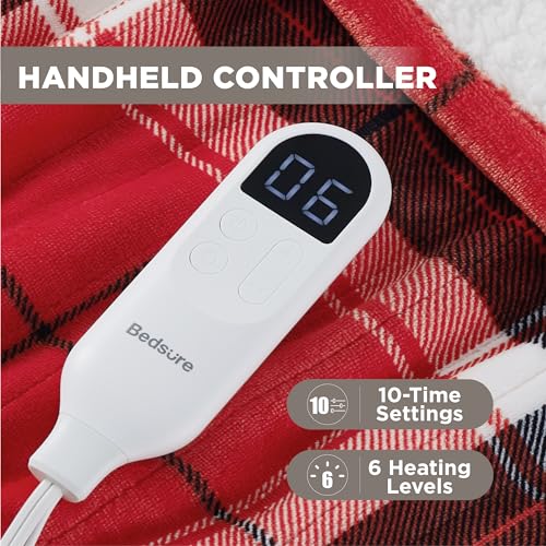 Image of Bedsure Plaid Heated Blanket Twin - Christmas Electric Blanket with Red Plaid Pattern, Flannel Sherpa Heating Blanket as a Gift, with 6 Heating Levels, 10 Time Settings, 8-Hour Auto-Off (62 inchx84 inch)