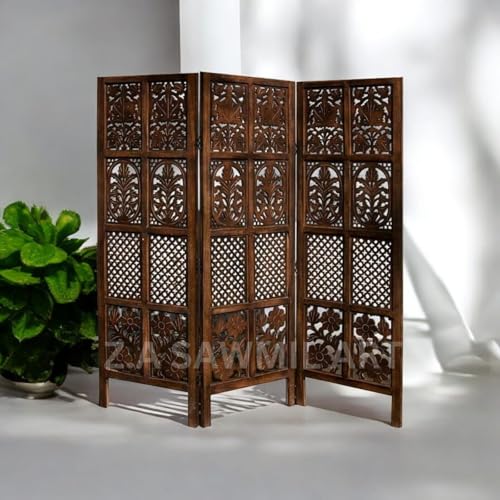 Image of Wooden Partition for Living Room, Privacy Divider, Wooden Room Separator, Divider for Office, Partition for Puja Room, (Mix Frame Design - Brown) (5 Feet - 3 Panels)