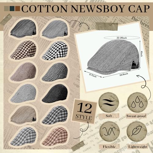 Image of Newcotte Newsboy Cap for Men Classic Herringbone Tweed Flat Cap Irish Beret Hat for Cabbie Driving Hunting