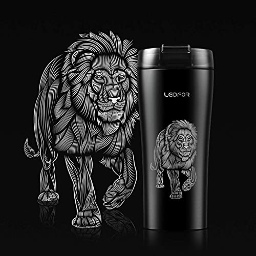 Leidfor Coffee Mug, Vacuum Insulated Travel Tumbler With Spill Proof Lid, Stainless Steel Thermal Cup16 Oz Black Lion #TOP6