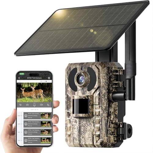 4G LTE Cámara de Caza Solar con Tarjeta SIM, Cámara Fototrampeo sin WiFi, 10400 mAh Batería, Visión Nocturna 950nm Infrarrojos Invisible, Audio de 2 vías, 0,2s Activación, IP66 Impermeable