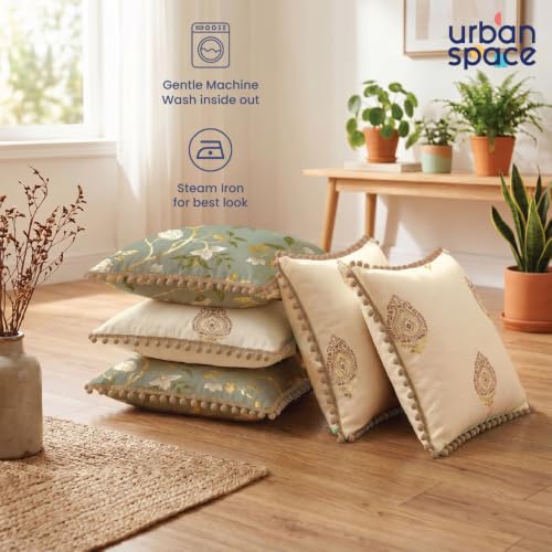 Image of Urban Space Cotton Cushion Cover Set of 5, 16 x 16 Inches, Decorative Throw Pillow Covers with Pom Pom, Printed Sofa Cushion Covers for Living Room, Home Decor (CC5, 40Cm x 40Cm, Set of 5)