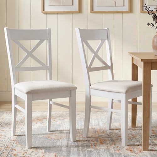 HOMCOM Dining Chairs Set of 2 Upholstered Kitchen Chairs with Rubberwood Frame Padded Seat and Cross Back for Living Room Dining Room Kitchen White