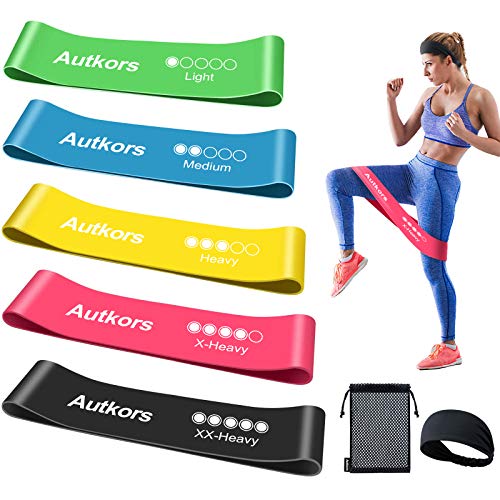 Autkors Bandas Elásticas Fitness/Bandas de Resistencia, [Set de 5] Cintas Elásticas Fitness de Látex Natural Agradable a la Piel con Guía de Ejercicios de Español y Diadema Deportiva