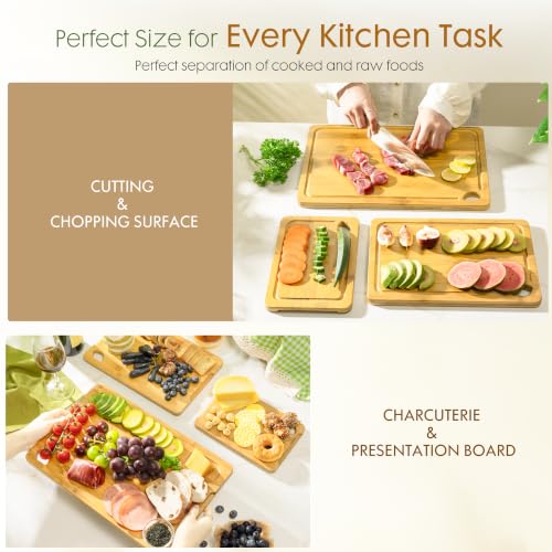 Image of Astercook Nature Bamboo Cutting Boards for Kitchen with Wood Storage Stand, Reversible Charcuterie & Chopping Boards with Juice Grooves and Easy-Grip Handles
