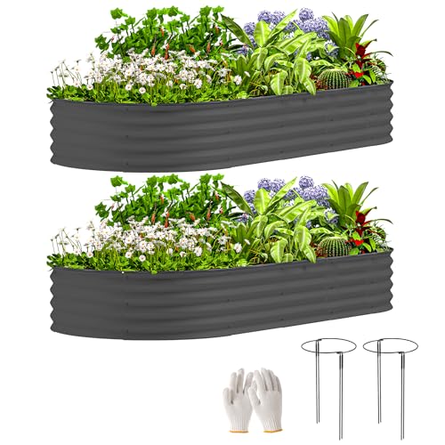 Outsunny 2PCS Galvanized Raised Garden Bed, 7' x 3' x 1' Raised Beds for Gardening with Plant Support Stakes, Rubber Strap Edging and Gloves, Metal Planter Box for Vegetables, Flowers, Dark Gray