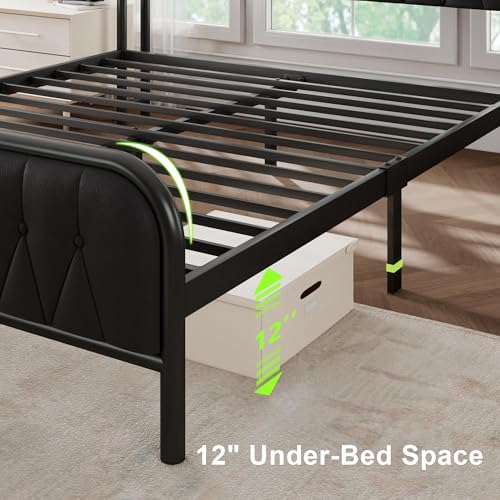Image of Queen Bed Frame with Fast Charging Station, Leather Queen Size Metal Platform Beds with Upholstered Headboard & Footboard,12 inch Underbed Storage Space,Easy Assembly,Noise-Free,Black