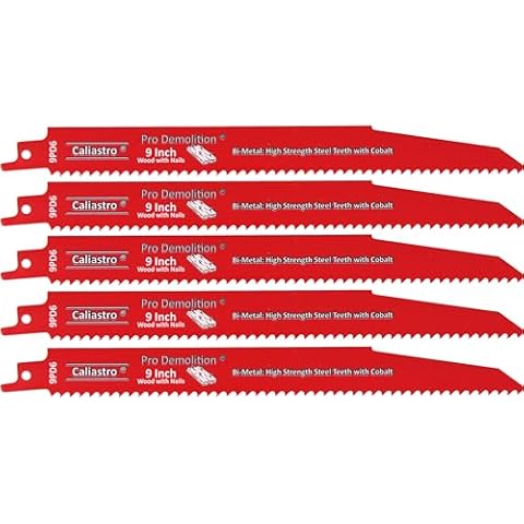 9-Inch Wood with Nails Demolition Reciprocating Saw Blades Made of Long Lasting Bi-Metal with Cobalt Teeth for Reciprocating/Sawzall Saws - 5 Pack - Caliastro Cover