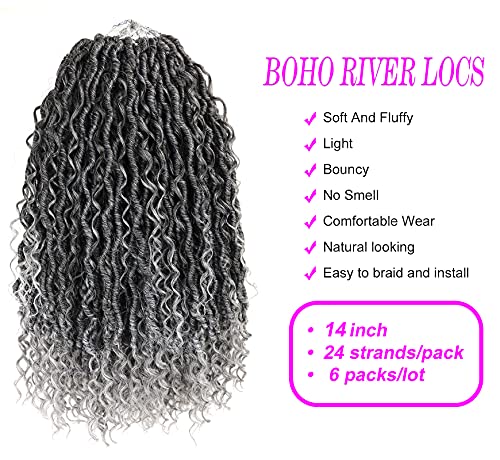 Aipin New Goddess Locs Crochet Hair 14 Inch River Locs Boho Hippie Locs Wavy Crochet With Curly Hair In Middle And Ends Braids Hair Extensions(6Packs,14 Inch,Tgrey) #TOP1