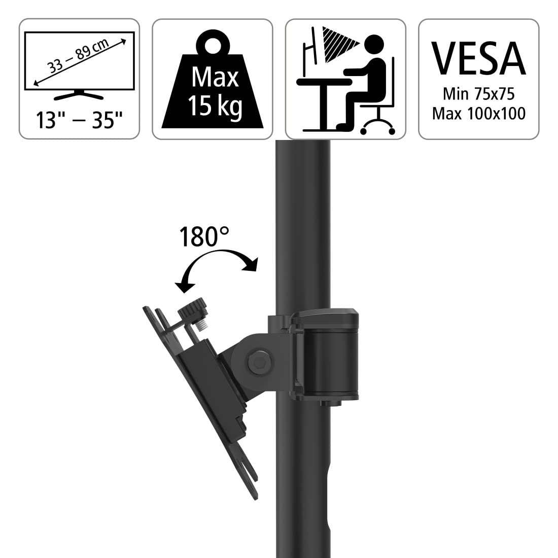 Hama Uchwyt do monitora o przekątnej 33 do 89 cm (13"-35", do biurka, 1 ramię, maks. udźwig 15 kg, obrót 180°) czarny