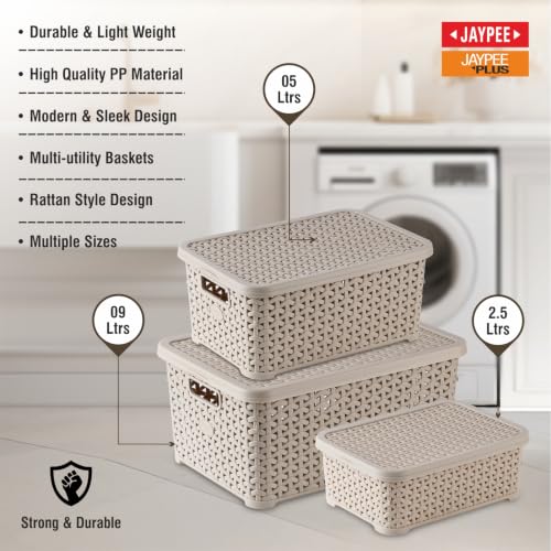 Image of Jaypee Plus Keep all 3 Plastic Storage Basket Organizers With Lid For Kitchen,Fridge, Office Wardrobe, Stationery, Household, Toys & Multipurpose use Pack of 3 Durable Box, Beige