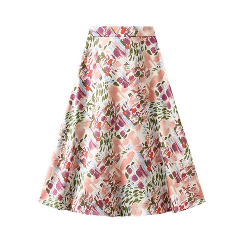 Women's Slim-Fitted Satin Skirts Elegant Floral Print High Waist Flowy A-Line Chiffon Midi Skirt