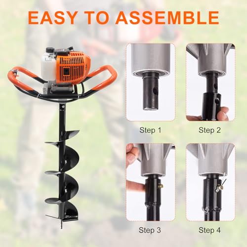Image of 62CC Newly Upgraded Post Hole Digger Gas Powered, 2 Stroke Auger Post Hole Digger with 2 Drill Bits (6 inch & 8 inch) + 1 Extension Rod for Planting - Ideal for Farm & Garden - Orange (62 CC)