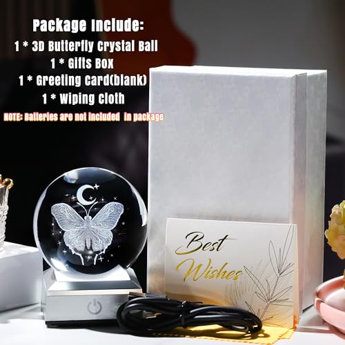 Image of 3D Crystal Butterfly Ball Gifts for Women, Gifts Ideas for Wife Mom Girlfriend Couple Her, Butterfly with Star Moon in Crystal Ball 3.15in with Colorful LED Light Base Home Office Decor