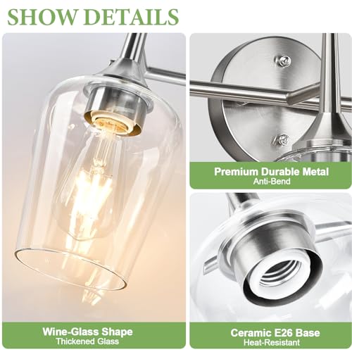 Image of MOKATNG 3-Light Bathroom Light Fixtures, 19.5 in Brushed Nickle Vanity Lights for Bathroom with Clear Glass, Bathroom Lighting Fixtures Over Mirror, Modern Wall lamp for Cabinet Hallway