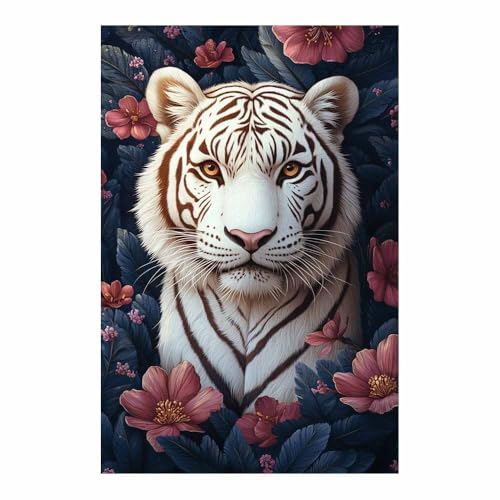 Décoration murale esthétique tigre blanc fleurs roses | Toile animaux colorés salon 70x100