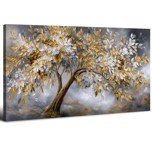 Impression sur Toile Doré Arbre de Vie 20x40in, Grande Décoration Murale Arbre de Vie pour Salon et Chambre, Vintage Tableau Arbre Dorées et Blanches Fond...