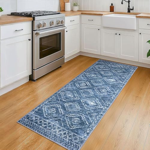 KILOCOCO Runner Rug 2x5 Hallway Runner Rugs Washable Kitchen Runners Non Slip Printed Distressed Laundry Room Rug, Low-Pile Soft Rug Runners for Entryway Bedroom Living Room Bathroom, Stonewashed Blue