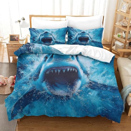 Housse de couette requin imprimé 3D avec taie d'oreiller, linge de lit microfibre - 3