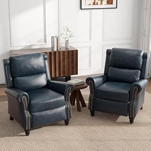Uixe pushback recliner chairs set of 2 pu leather armchair push back accent chair rivet trim club chair home theater overstuffed single sofa reading seat for living room navy blue  urban country home decor