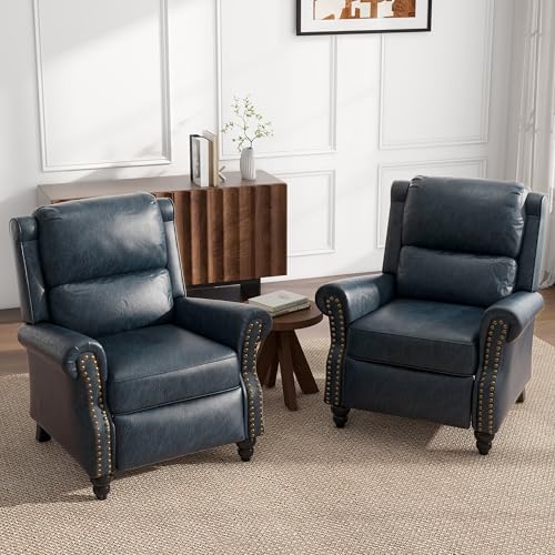 UIXE Pushback Recliner Chairs Set of 2 PU Leather Armchair Push Back Accent Chair Rivet Trim Club Chair Home Theater Overstuffed Single Sofa Reading Seat for Living Room Navy Blue