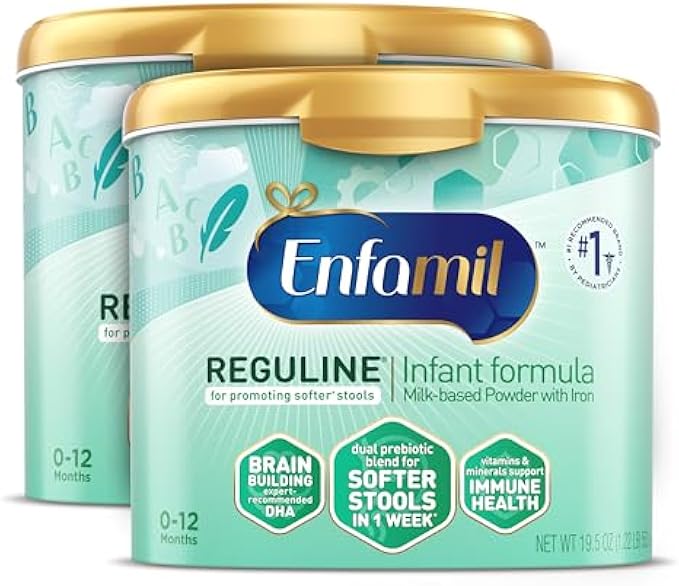 Enfamil Reguline Baby Formula, Milk-Based Infant Nutrition, Dual Prebiotics for Soft, Comfortable Stools within 1 Week of Use, Omega-3 DHA for Immune Support, Reusable Powder Tub, 19.5 Oz​ (Pack of 2)