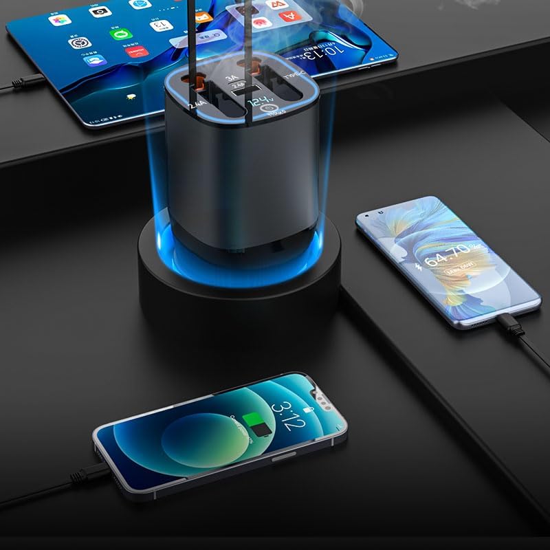 Miniatura 4 de MQOUNY Cargador retráctil para automóvil con cables retráctiles duales, adaptador de carga rápida USB C de hasta 100 W, cargador de teléfono rápido