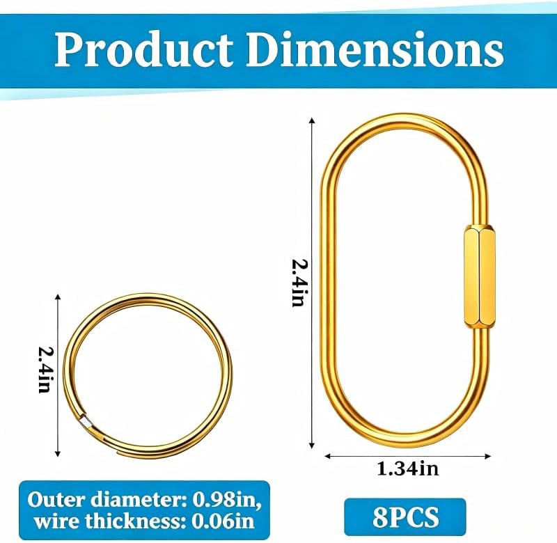 8 Pcs Gold Carabiner Keychain, Solid Brass Key Ring with Screw Lock, Heavy Duty Bag Charm Clip for Keys Purse Backpack, Secure Screw Lock Carabiner Key Organizer Set –Brass image 5