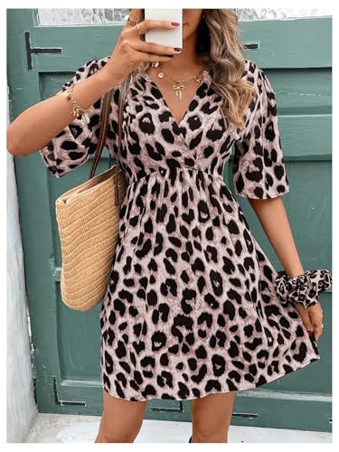 Image of SweatyRocks Women's Leopard Print Bowknot Puff Short Sleeve Dresses Summer Casual V Neck Wrap Front Dress