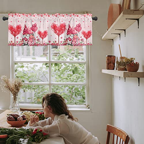 Valentines Day Gnomes Pink Roses Curtain Valance For Windows/Living Room/Kitchen/Bathroom, Lover Tree Pink Romantic Floral Short Rod Pocket Tier Curtain Geometry Heart Window Treatment Panel 54X18 #TOP5
