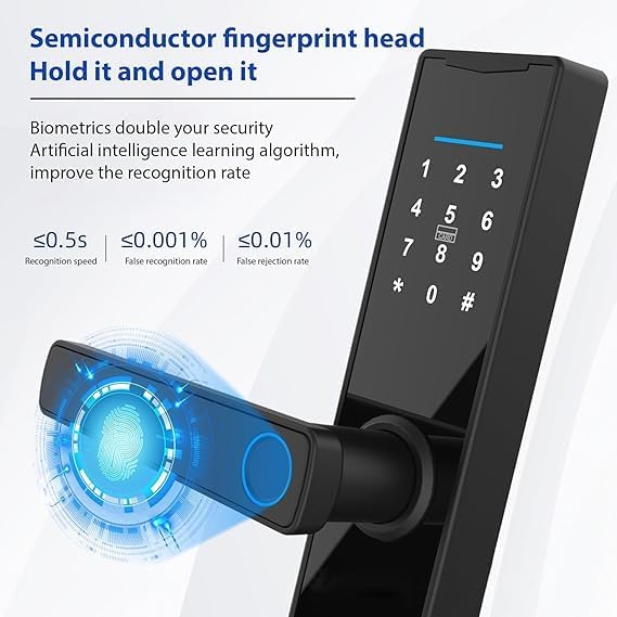 Zemismart A270 Smart Digital Door Lock fingerprint sensor with recognition speed and accuracy details.