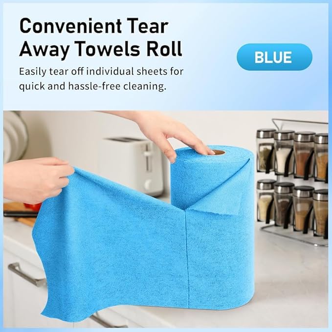 Image of Showstopper Microfiber Cleaning Cloth Roll, Reusable Tear Away Microfiber Towels,Washable, Ultra Absorbent, Rags Cleaning, Dishcloths, Cleaning Cloth for Car, Home or Kitchen. (Sky Blue, 25cm X 25cm)
