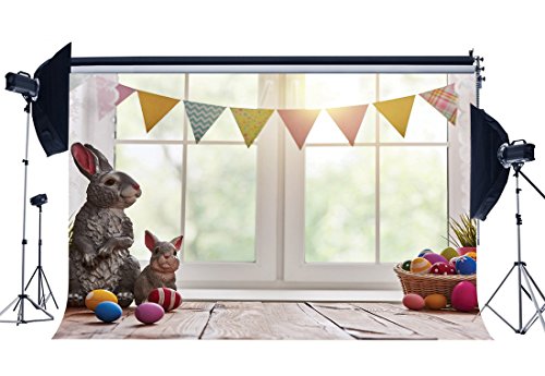 Wofawofa Happy Easter Backdrop 7X5FT Vinyl Frohe Ostern Backdrops Bunny Painted Eggs Hunt