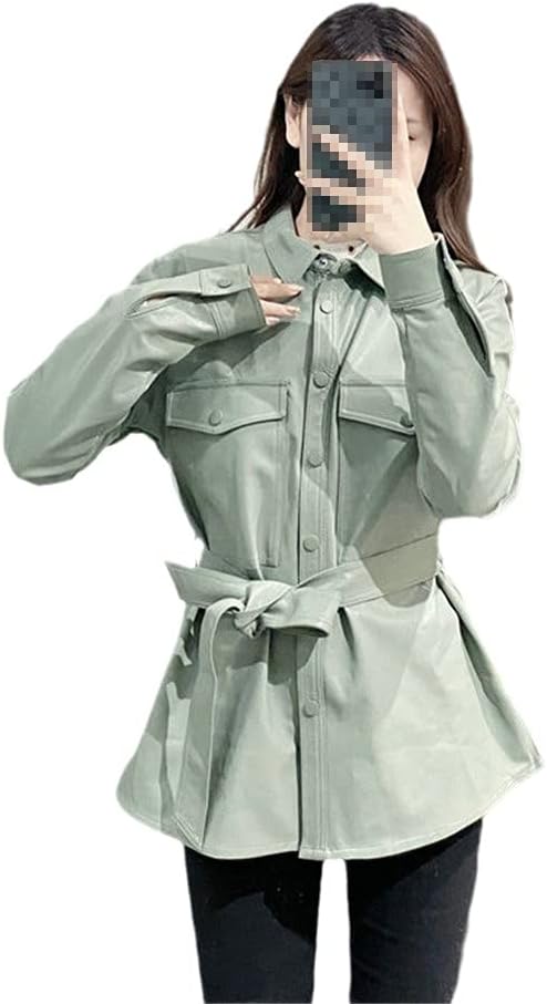 KEHAIOO Women Light Green Faux Leather Jacket Coat with Belt Ladies Long Sleeve Loose Oversize Coat
