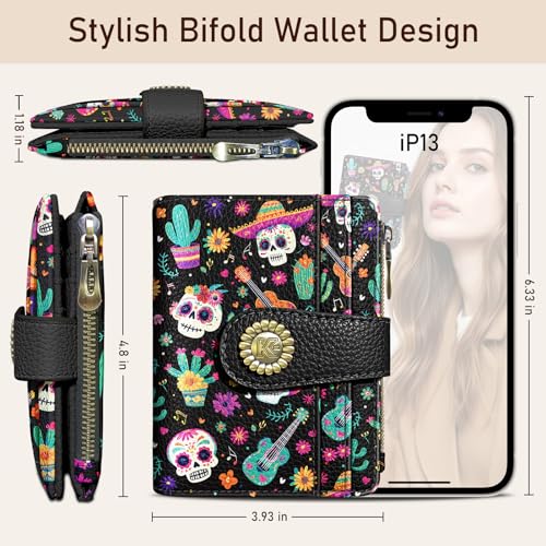 Image of Kelvoris Skull Small Rfid Women Wallet Bifold Zipper Coin Pocket PU Leather Compact Cash Credit Card Holder Travel Wallet for Female Ladies Teen Girls 1 ID Window 10 Card Slots Day of The Dead