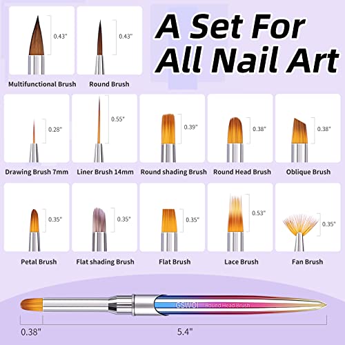 Gswoi 12 Pcs Nail Art Brushes Set, Nail Design Brushes For Nail Art，Nail Brushes For Acrylic Application Set,3D Nail Art Supplies For Nail Design, Gel Polish Painting,Nail Art Tools，Nail Clean Up Brush，Acrylic Nail Brush For Salons And Home #TOP2