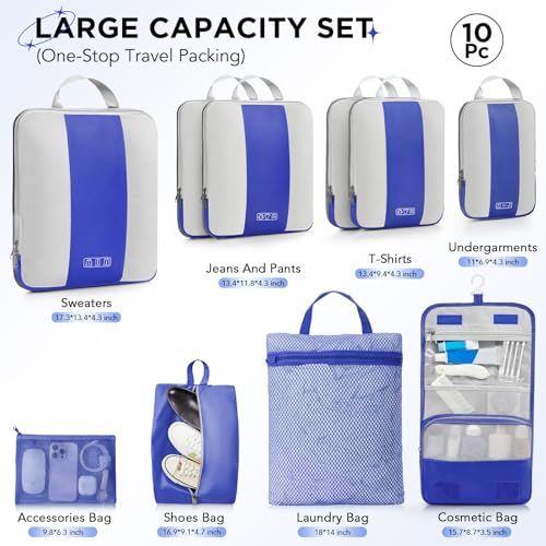 Image of 10 Set Compression Packing Cubes for Travel Essentials,Compressible Expandable Packing Cubes for Suitcase,OlarHike Luggage Organizer Bags for Travel,Handy Helper for Organizing Clothes(Klein Blue)