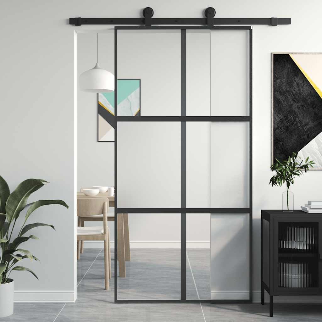 Drzwi przesuwne czarne, 102,5 x 205 cm, ze szkła hartowanego i aluminium