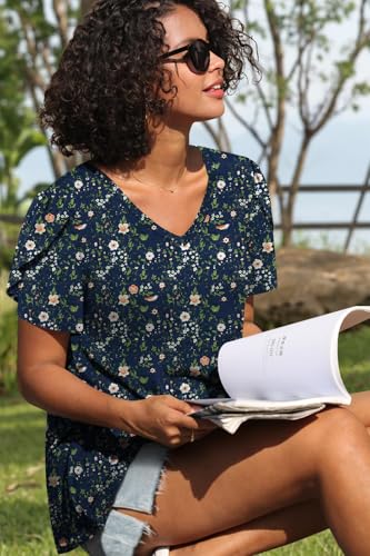 Image of CATHY 2026 Women Tops Summer Short Sleeve Tunic V Neck T-Shirts Loose Casual Floral Blouse S-4XL