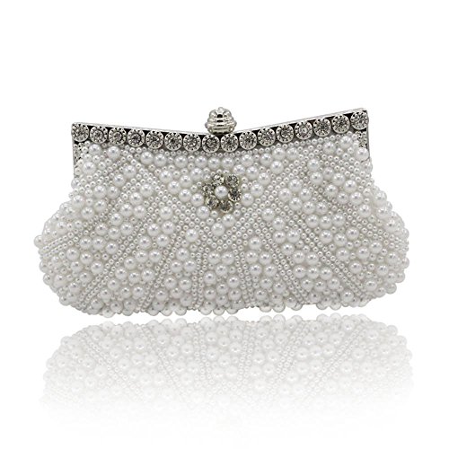 Kingluck Satin with Pearl and Diamond Wedding/Special Occasion Evening Handbags/Clutch, White, 24*12*4cm