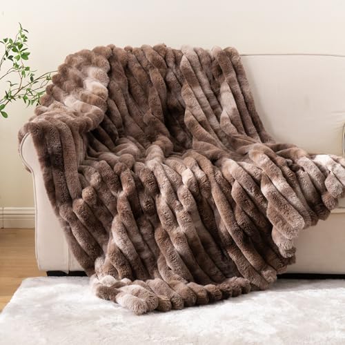 Battilo Faux Fur Throw Blanket, Cozy Warm Plush Striped Rabbit Fur Blanket for Couch and Bed, Super Soft Fuzzy Brown Blanket for Living Room Bedroom, Home Decor & Gifts, 50"x60"