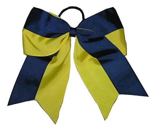 NEW "Two-Tone NAVY & YELLOW" Cheer Bow Pony Tail 7 Inch Girls Cheerleading Dance Practice Football Games School Uniform Competition Grosgrain Ribbon Elastic