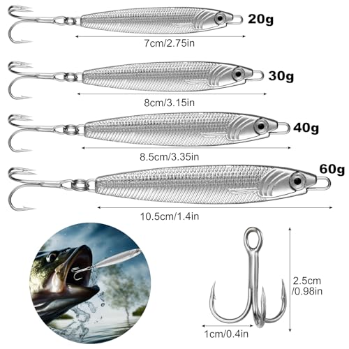 Annyswit 4 Pcs Metal Sea Fishing Lures with Trebles Hooks Silver Minnow Spoon Lures 20g 30g 40g 60g Pike Sea Fishing Tackle Metal Jigs for Mackerel & Cod & Bass & Freshwater - Image 2