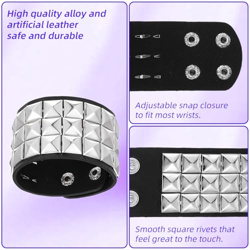 3 Pcs Punk Rock Leather Studded Bracelets for Men Women, Gothic Spike Cuff Bracelet Set for 80s 90s Emo Goth Jewelry Costume Accessories for Rocker Outfits3