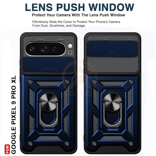 Image of Armor Bumper Back Cover Case for Google Pixel 9 Pro XL Rotating Camera Cover, Ring Holder & Kickstand | Heavy Duty & 360 Degree Protection Google Pixel 9 Pro XL Back Cover (Blue)